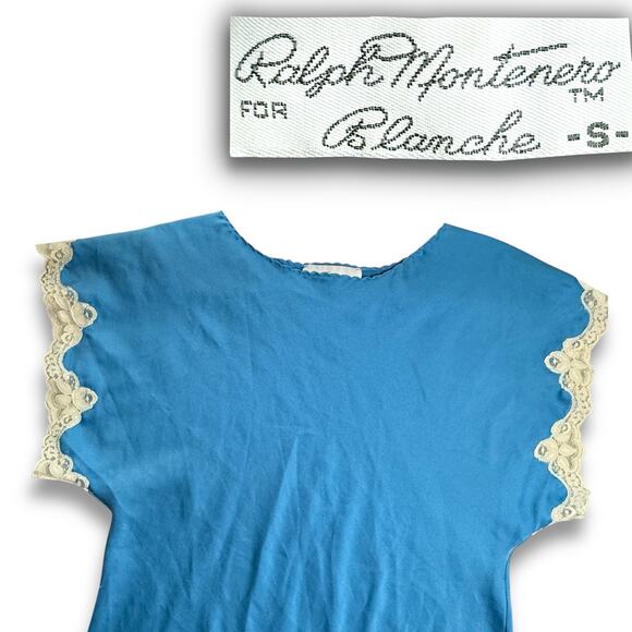 VTG 60s Light Royal Blue Slip Dress Lace Trim Cap Sleeve USA Union Made Small - Picture 3 of 16